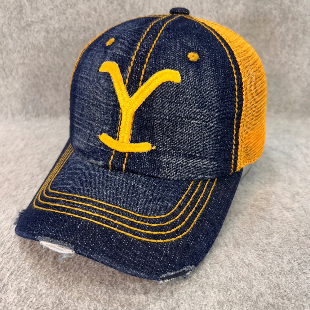 Yellowstone Y Logo Unisex Blue Denim Trucker Hat Mesh Back Distressed OSFM‎